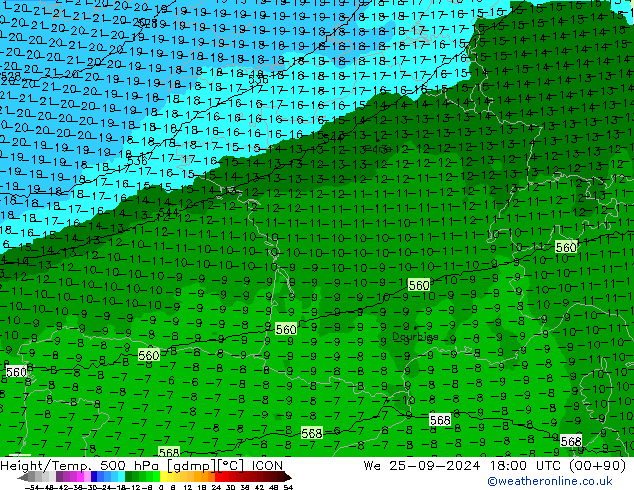 Hoogte/Temp. 500 hPa ICON wo 25.09.2024 18 UTC