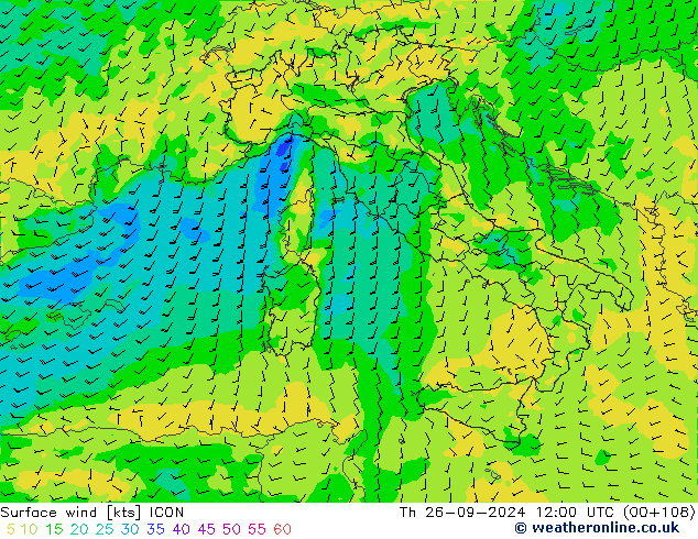 Vento 10 m ICON gio 26.09.2024 12 UTC