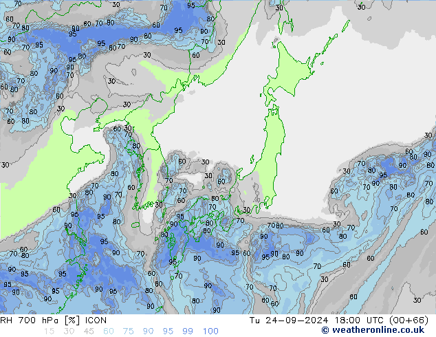 RH 700 hPa ICON Tu 24.09.2024 18 UTC