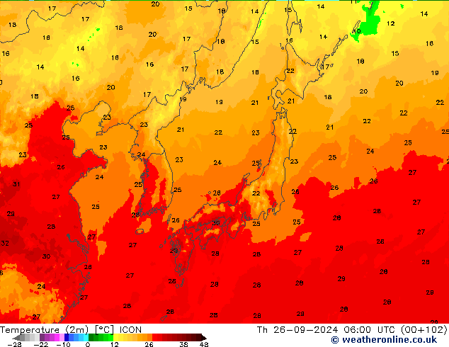 Temperatuurkaart (2m) ICON do 26.09.2024 06 UTC