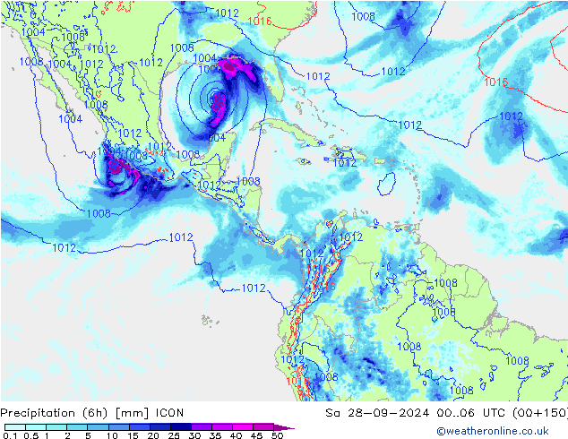 Totale neerslag (6h) ICON za 28.09.2024 06 UTC