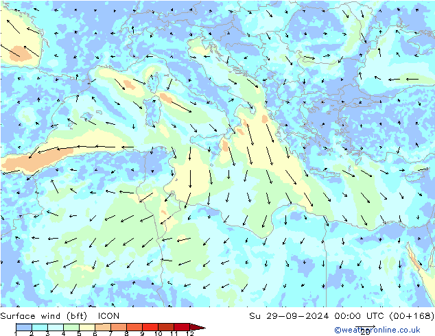 Bodenwind (bft) ICON So 29.09.2024 00 UTC