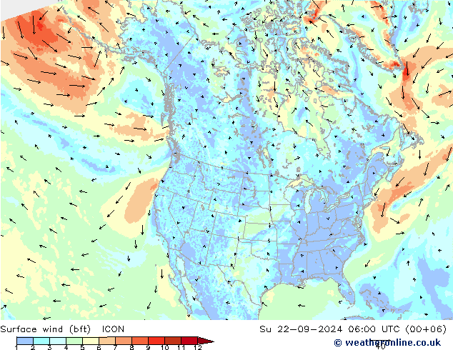 Bodenwind (bft) ICON So 22.09.2024 06 UTC