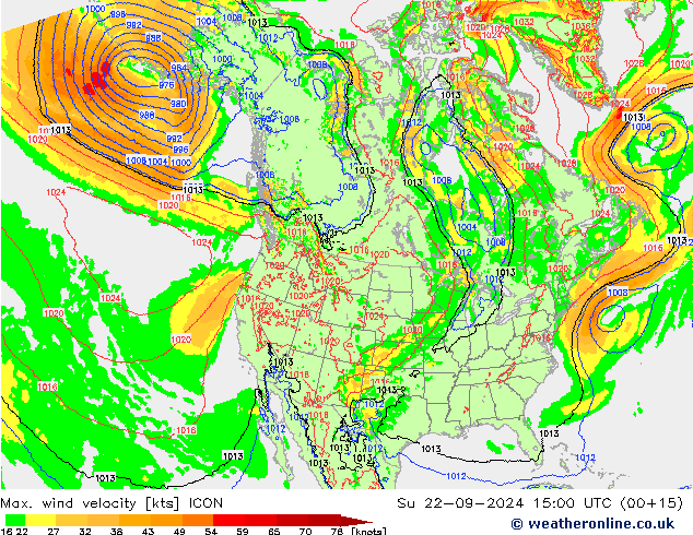 Max. wind velocity ICON Su 22.09.2024 15 UTC