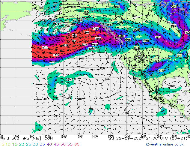 Wind 500 hPa ICON Su 22.09.2024 21 UTC