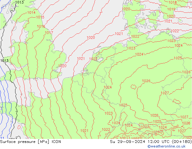 Surface pressure ICON Su 29.09.2024 12 UTC