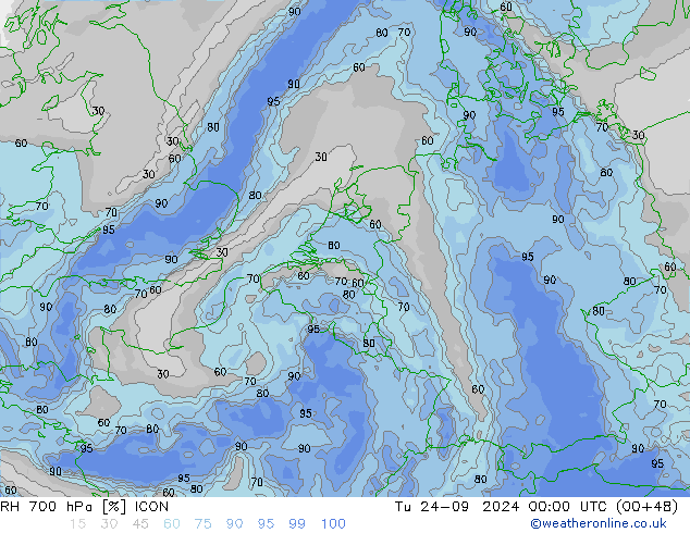 RH 700 hPa ICON Di 24.09.2024 00 UTC