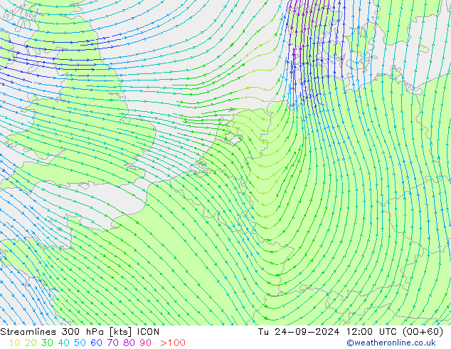 Streamlines 300 hPa ICON Tu 24.09.2024 12 UTC