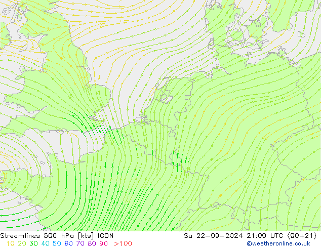 Linha de corrente 500 hPa ICON Dom 22.09.2024 21 UTC