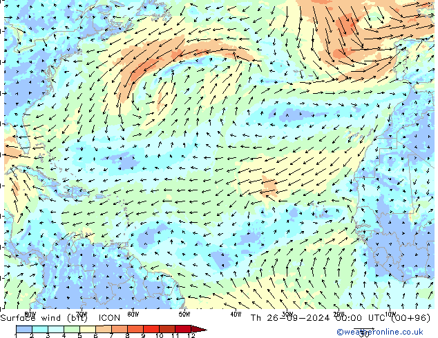 Wind 10 m (bft) ICON do 26.09.2024 00 UTC