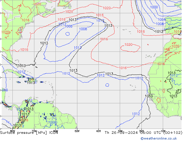 Atmosférický tlak ICON Čt 26.09.2024 06 UTC