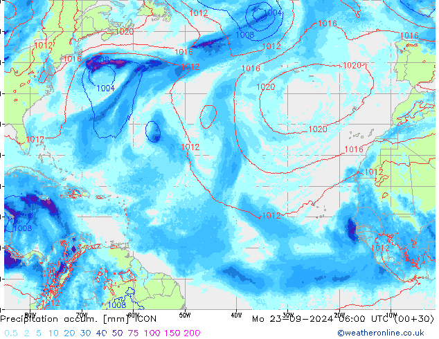 Precipitation accum. ICON Mo 23.09.2024 06 UTC