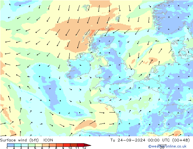 Wind 10 m (bft) ICON di 24.09.2024 00 UTC