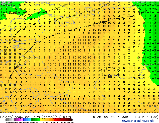 Height/Temp. 850 hPa ICON Th 26.09.2024 06 UTC