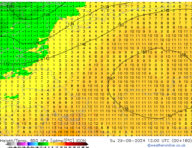 Height/Temp. 850 hPa ICON Su 29.09.2024 12 UTC