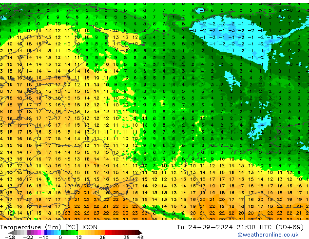 Temperature (2m) ICON Tu 24.09.2024 21 UTC