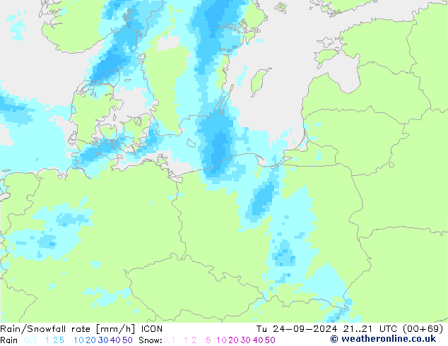 Rain/Snowfall rate ICON Tu 24.09.2024 21 UTC