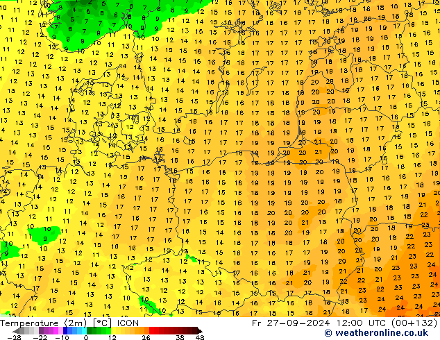 Temperaturkarte (2m) ICON Fr 27.09.2024 12 UTC