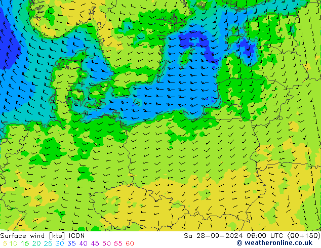 Vento 10 m ICON sab 28.09.2024 06 UTC