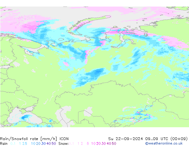 Regen/Sneeuwval ICON zo 22.09.2024 09 UTC