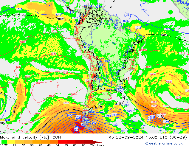 Max. wind snelheid ICON ma 23.09.2024 15 UTC