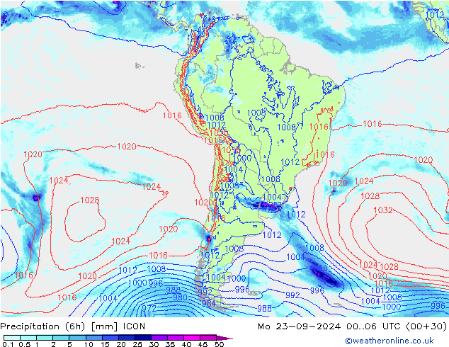 Precipitazione (6h) ICON lun 23.09.2024 06 UTC