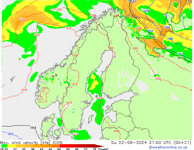 Max. wind velocity ICON 星期日 22.09.2024 21 UTC