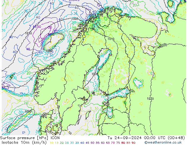 10米等风速线 (kph) ICON 星期二 24.09.2024 00 UTC