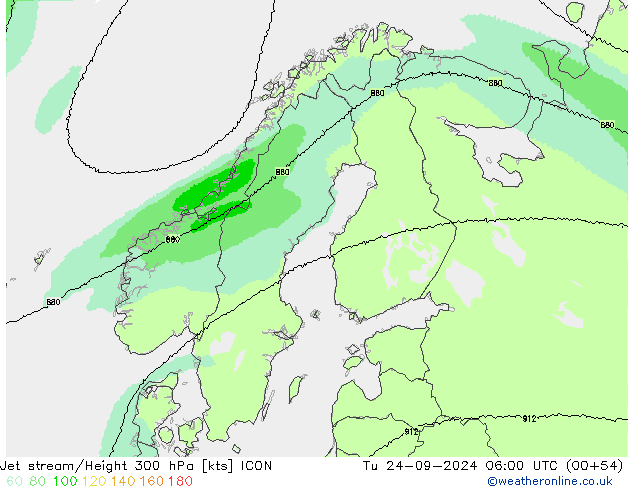 Jet stream/Height 300 hPa ICON Tu 24.09.2024 06 UTC