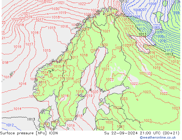 地面气压 ICON 星期日 22.09.2024 21 UTC