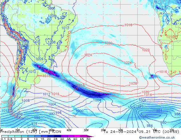 Totale neerslag (12h) ICON di 24.09.2024 21 UTC