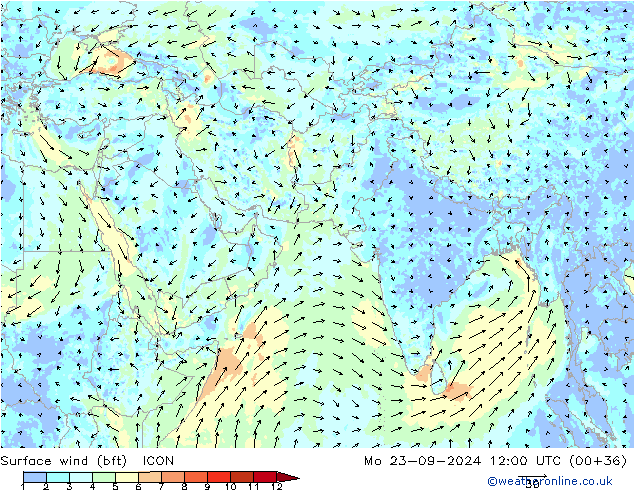 Surface wind (bft) ICON Mo 23.09.2024 12 UTC