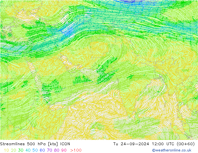 Streamlines 500 hPa ICON Tu 24.09.2024 12 UTC