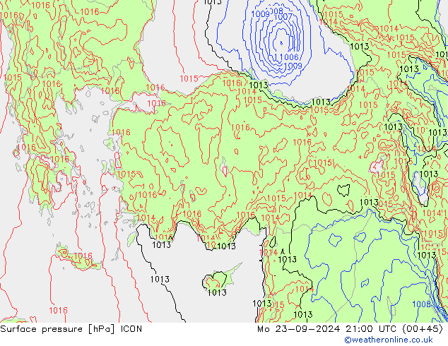 Surface pressure ICON Mo 23.09.2024 21 UTC