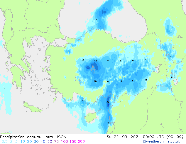 Toplam Yağış ICON Paz 22.09.2024 09 UTC