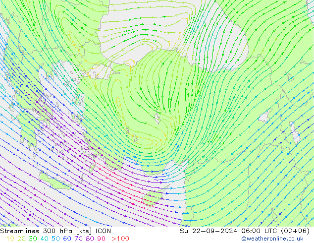 Stroomlijn 300 hPa ICON zo 22.09.2024 06 UTC