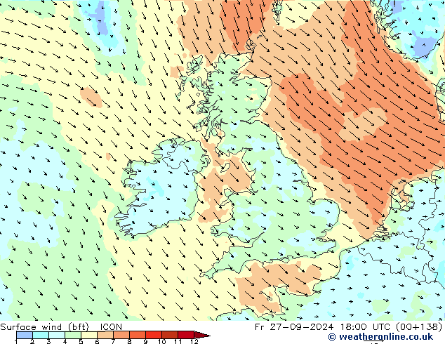 Bodenwind (bft) ICON Fr 27.09.2024 18 UTC