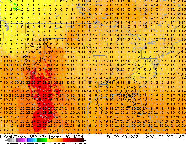 Height/Temp. 850 hPa ICON dom 29.09.2024 12 UTC