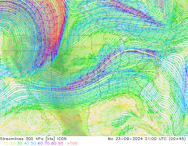 Streamlines 300 hPa ICON Po 23.09.2024 21 UTC