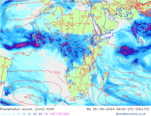 Precipitation accum. ICON We 25.09.2024 06 UTC