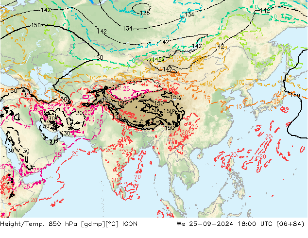 Height/Temp. 850 гПа ICON ср 25.09.2024 18 UTC