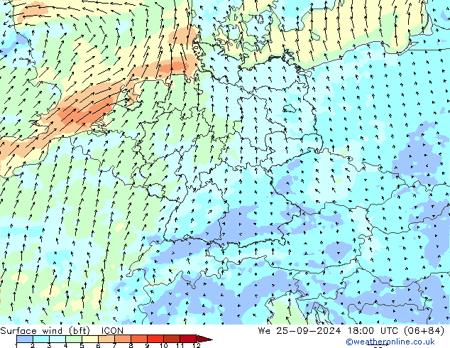 Vento 10 m (bft) ICON mer 25.09.2024 18 UTC