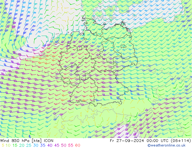 风 850 hPa ICON 星期五 27.09.2024 00 UTC