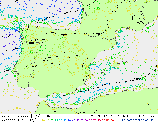 Eşrüzgar Hızları (km/sa) ICON Çar 25.09.2024 06 UTC