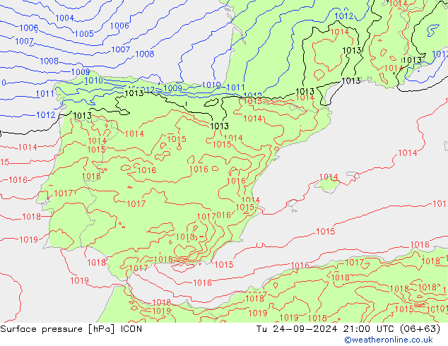 Surface pressure ICON Tu 24.09.2024 21 UTC