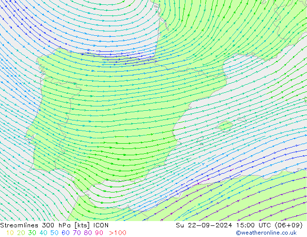 Stroomlijn 300 hPa ICON zo 22.09.2024 15 UTC