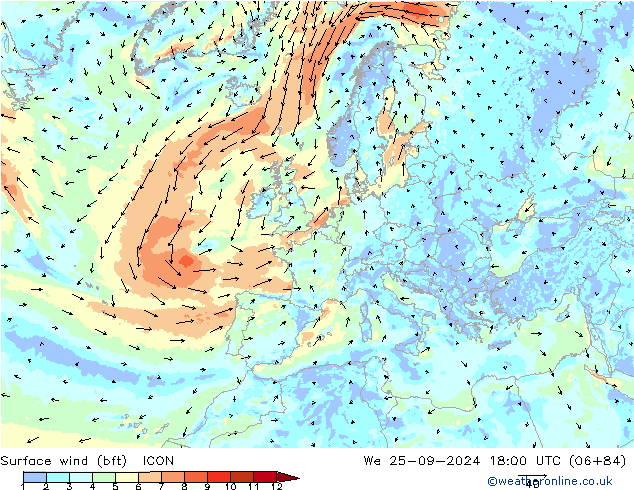 Bodenwind (bft) ICON Mi 25.09.2024 18 UTC