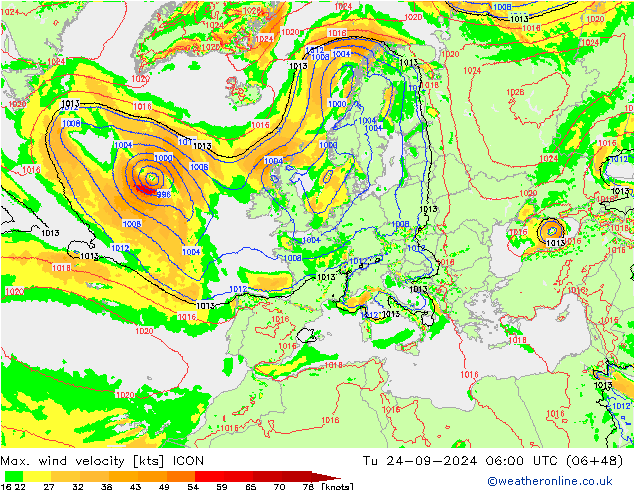 Windböen ICON Di 24.09.2024 06 UTC