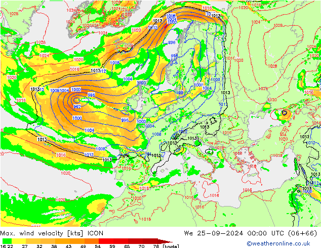 Max. wind velocity ICON ср 25.09.2024 00 UTC