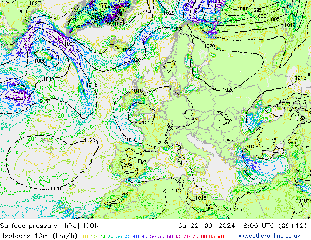 10米等风速线 (kph) ICON 星期日 22.09.2024 18 UTC